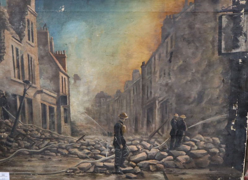 Edward Davison, oil on canvas, Reflections, Fire squad during The Blitz, signed and dated 1942, label verso, 66 x 92cm, unframed